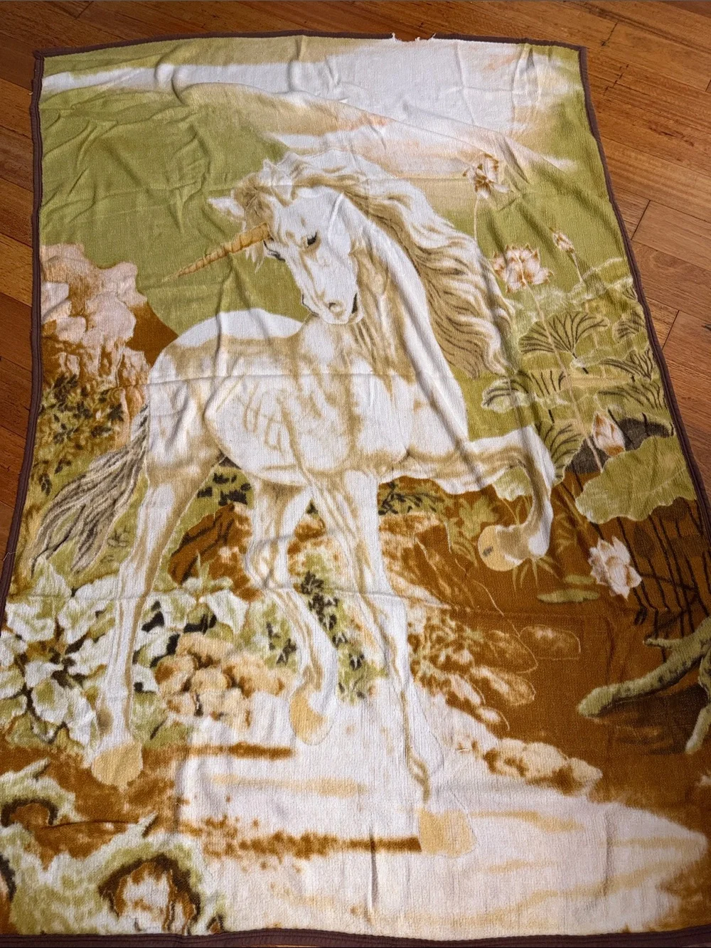 VTG 70’s Reversible Unicorn Plush Fleece Fantasy Blanket - Edge Flaws 54x80” 🦄🦄